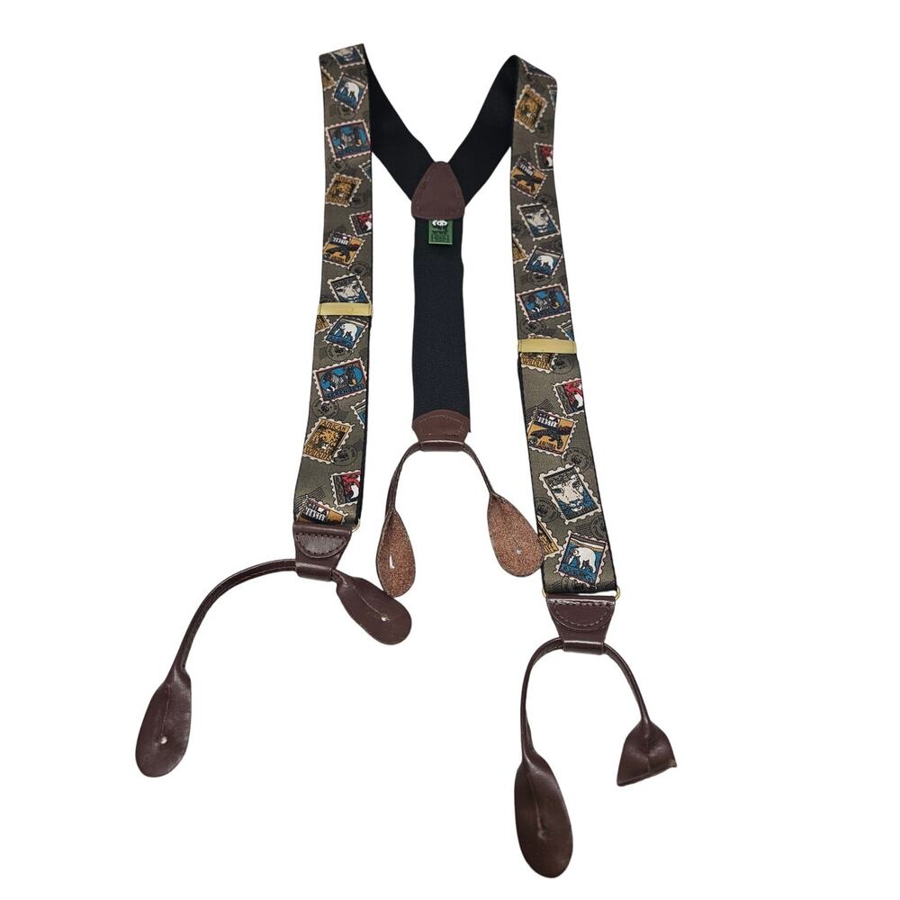 Vintage 90s World Wildlife Federation Suspenders Stamp Kitsch Zoo Jungle Animals